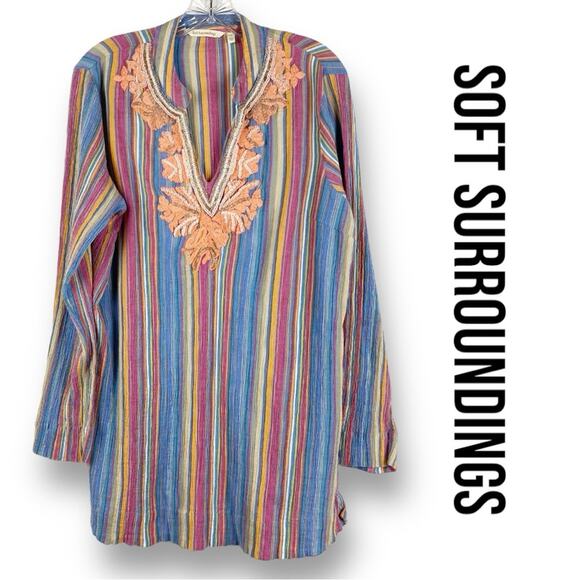 Soft Surroundings Multi Color Tunic Top Embroidered Beaded Cotton Womens Size L - Picture 1 of 11